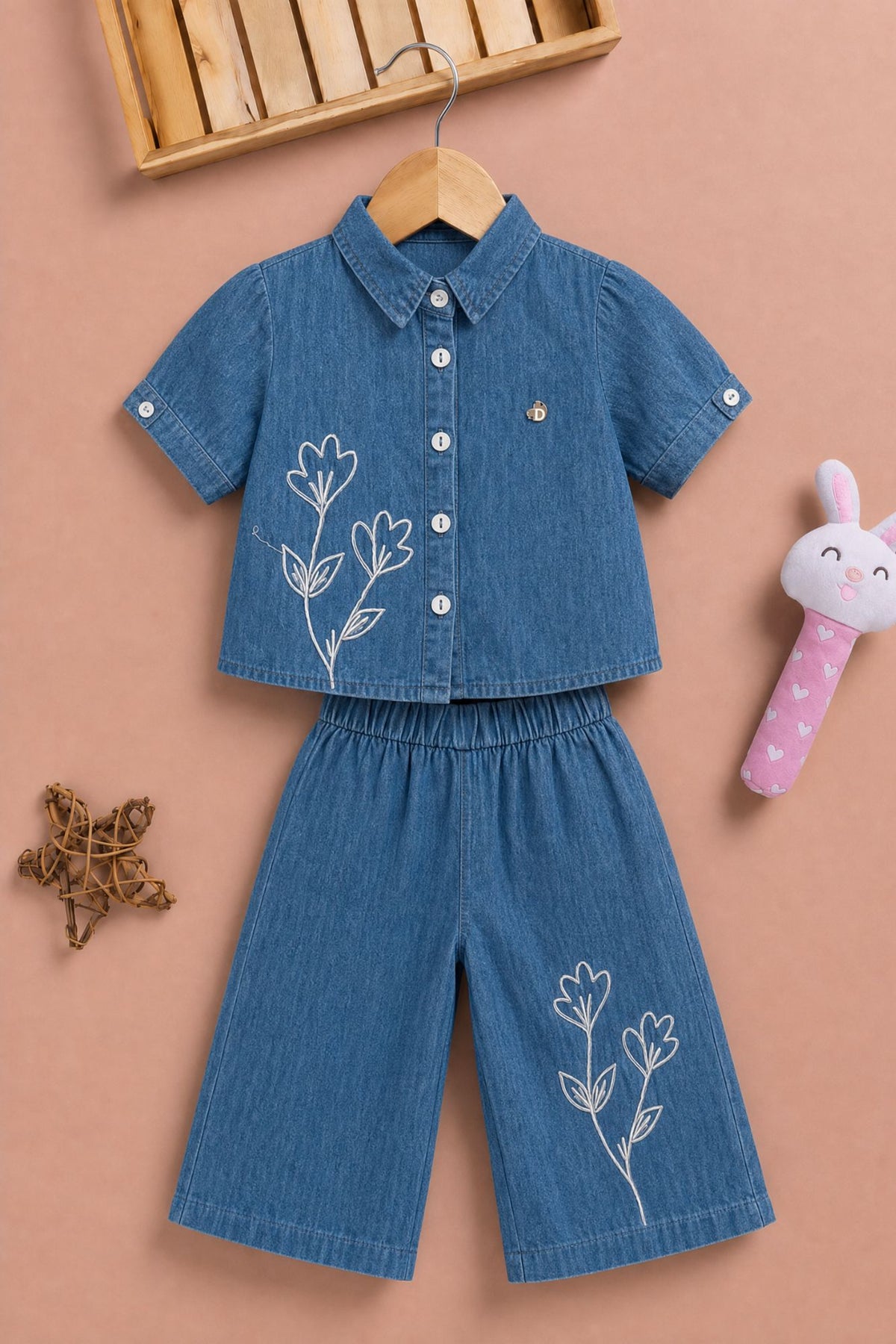 Girls Floral Printed Denim Co-Ord Set