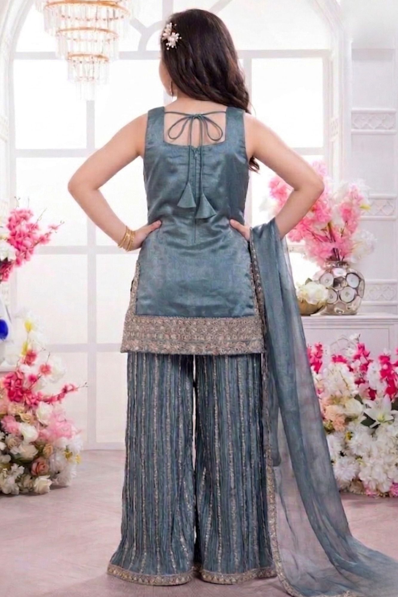Blue Designer Embroidered Palazzo Set For Girls