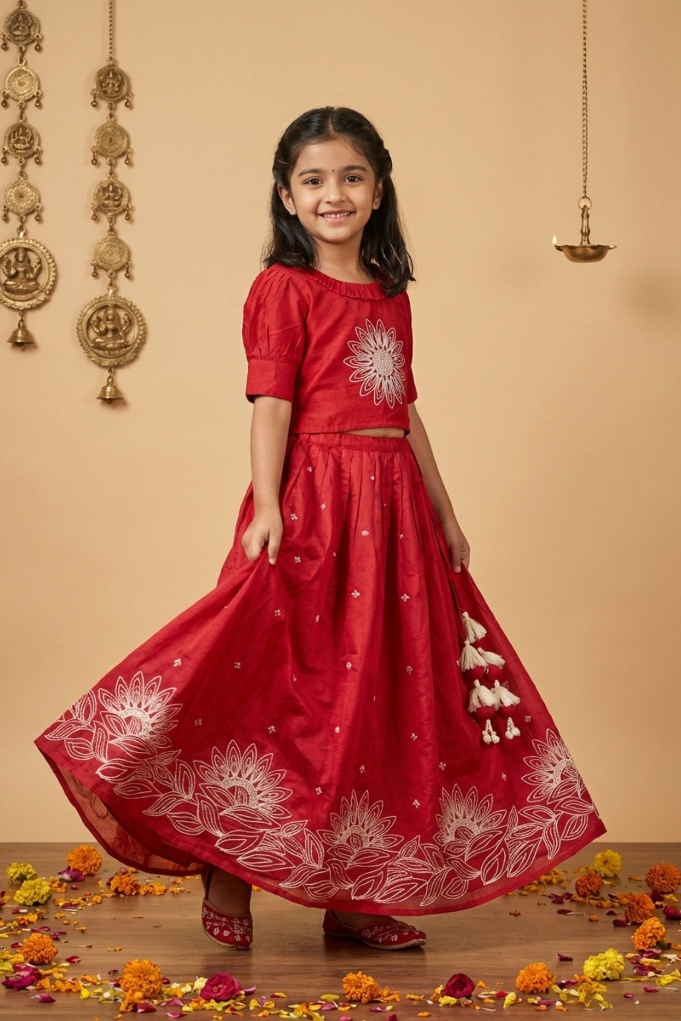 Deep Red Embroidered Lehenga Choli Set For Girls