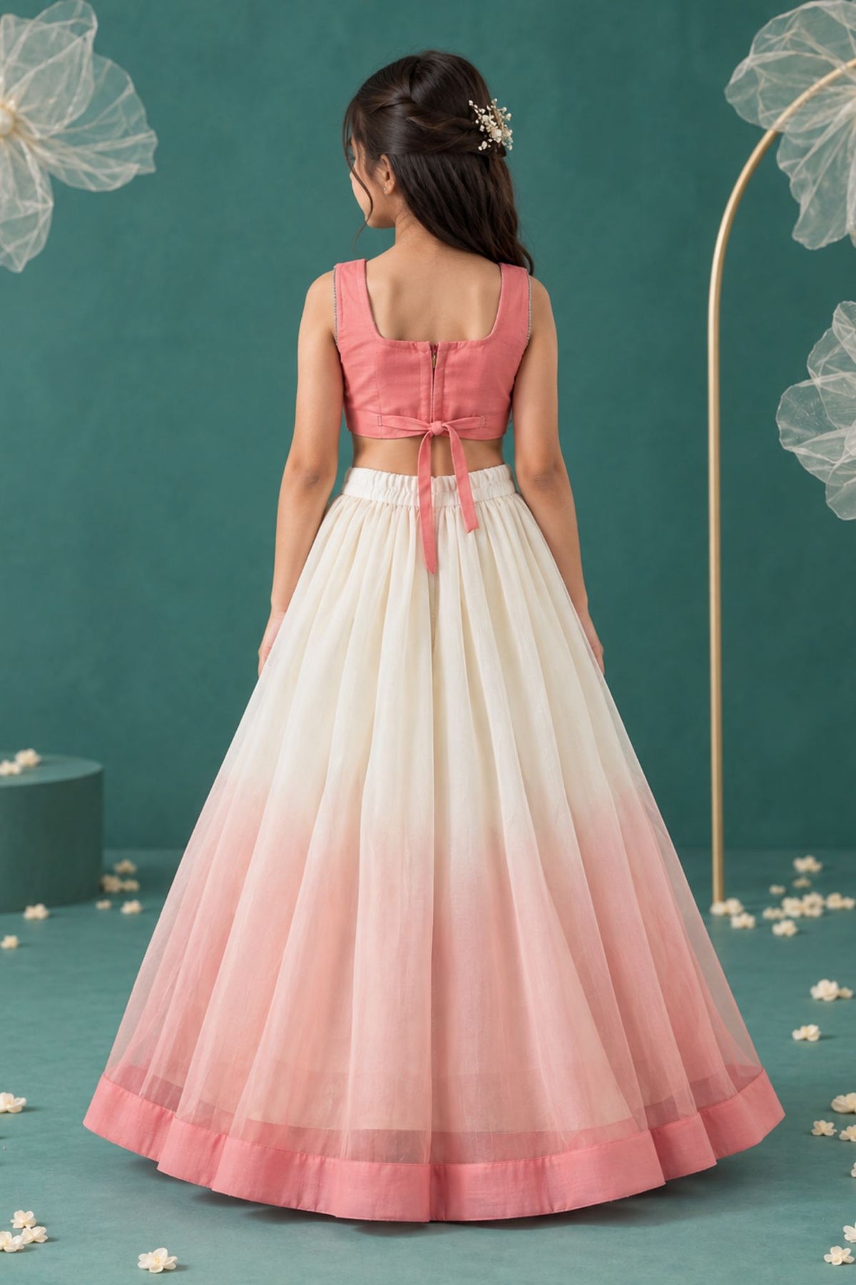 Girls Peach & Ivory Ombre Floral Embroidered Lehenga Choli Set