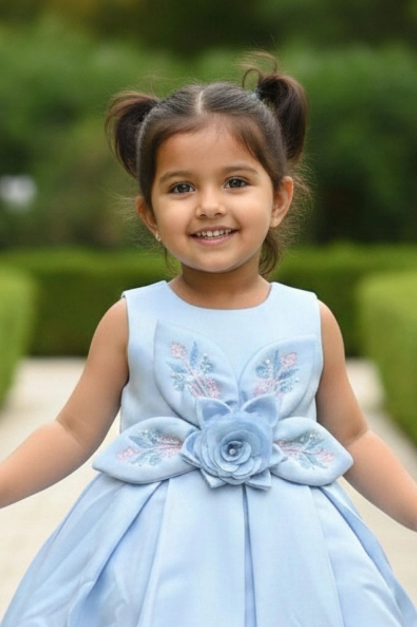 Blue 3D Floral Appliqué With Embroidery Party Wear Frock For Girls