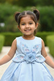 Blue 3D Floral Appliqué With Embroidery Party Wear Frock For Girls