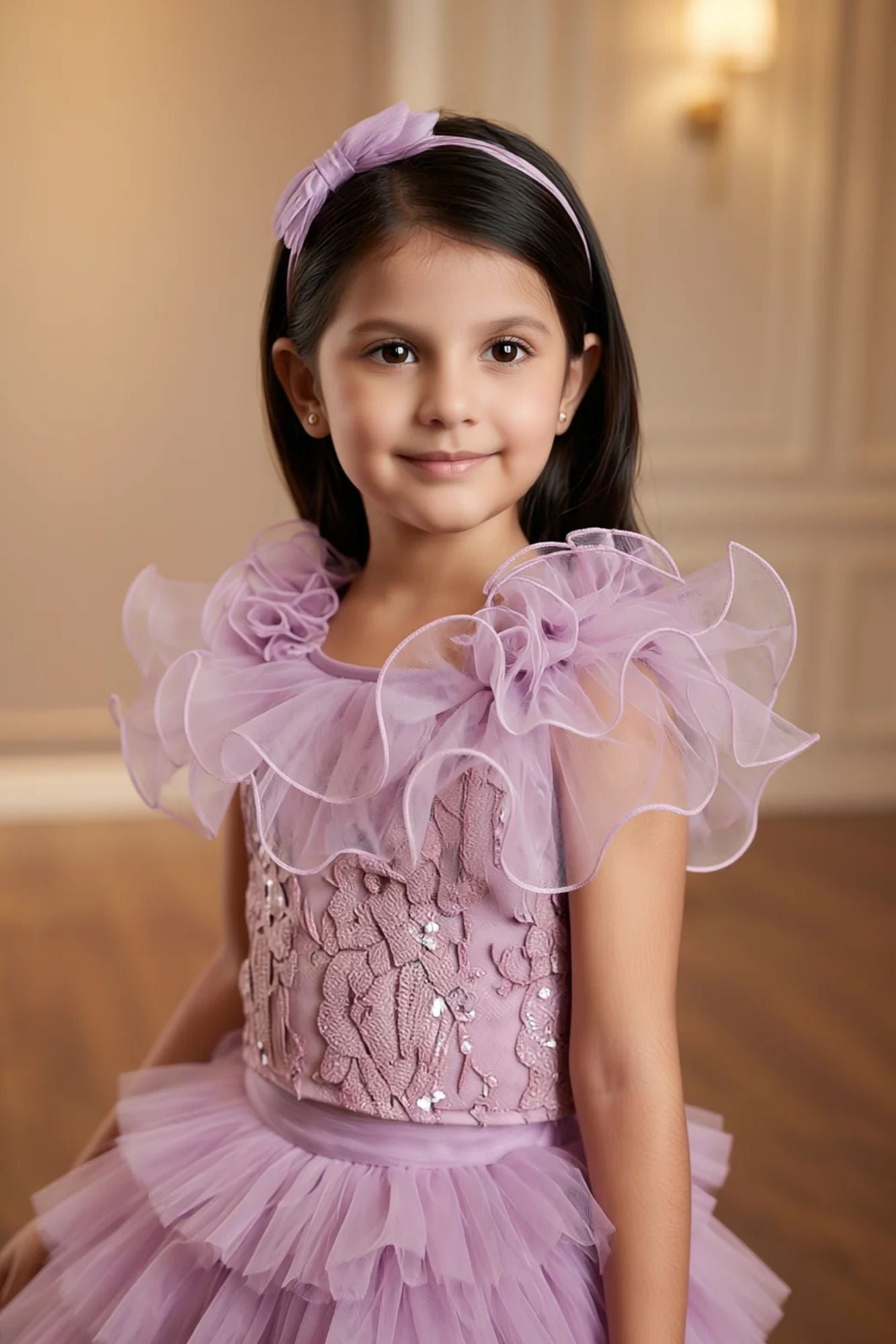 Girls Lavender Ruffle Skirt Set with Embroidered Top And And Ruffle Detailing