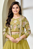 Olive Green Embroidered Palazzo Set with Jacket For Girls