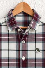 Boys Maroon And White Checked Roll-Up Sleeve Shirt