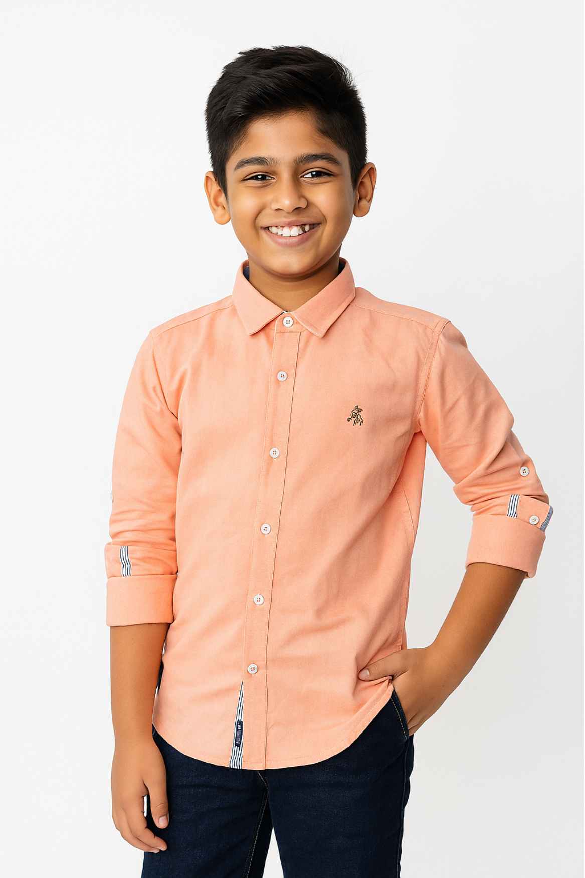 Peach Solid Cotton Shirt With Contrast Cuffs For Boys