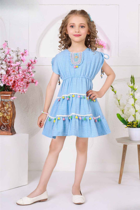 Light Blue Pom-Pom Cotton Frock with Embroidered Yoke For Girls