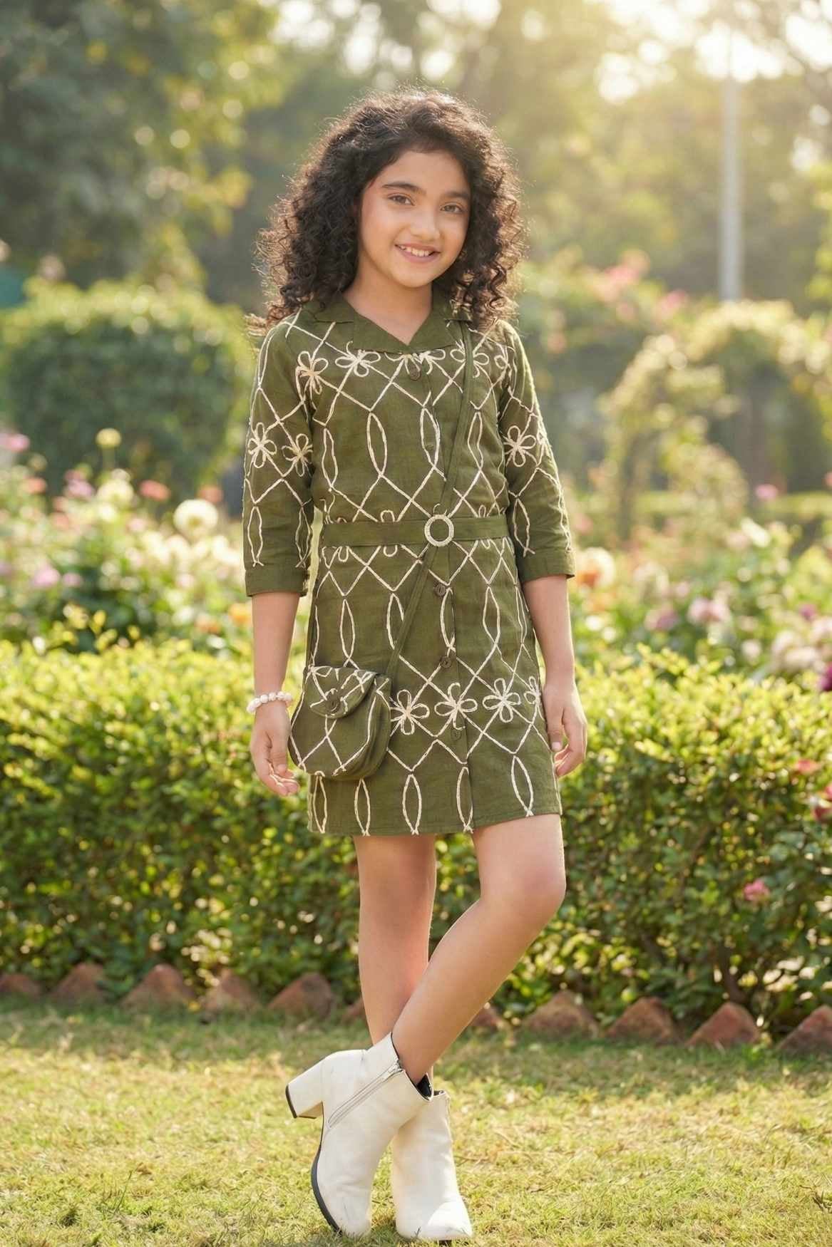 Olive Green Geometric Embroidered Bodycon Dress For Girls