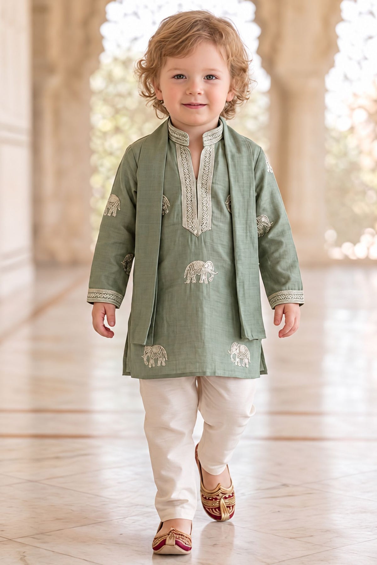 Sage Green White Elephant Embroidered Kurta Pant Set with Dupatta