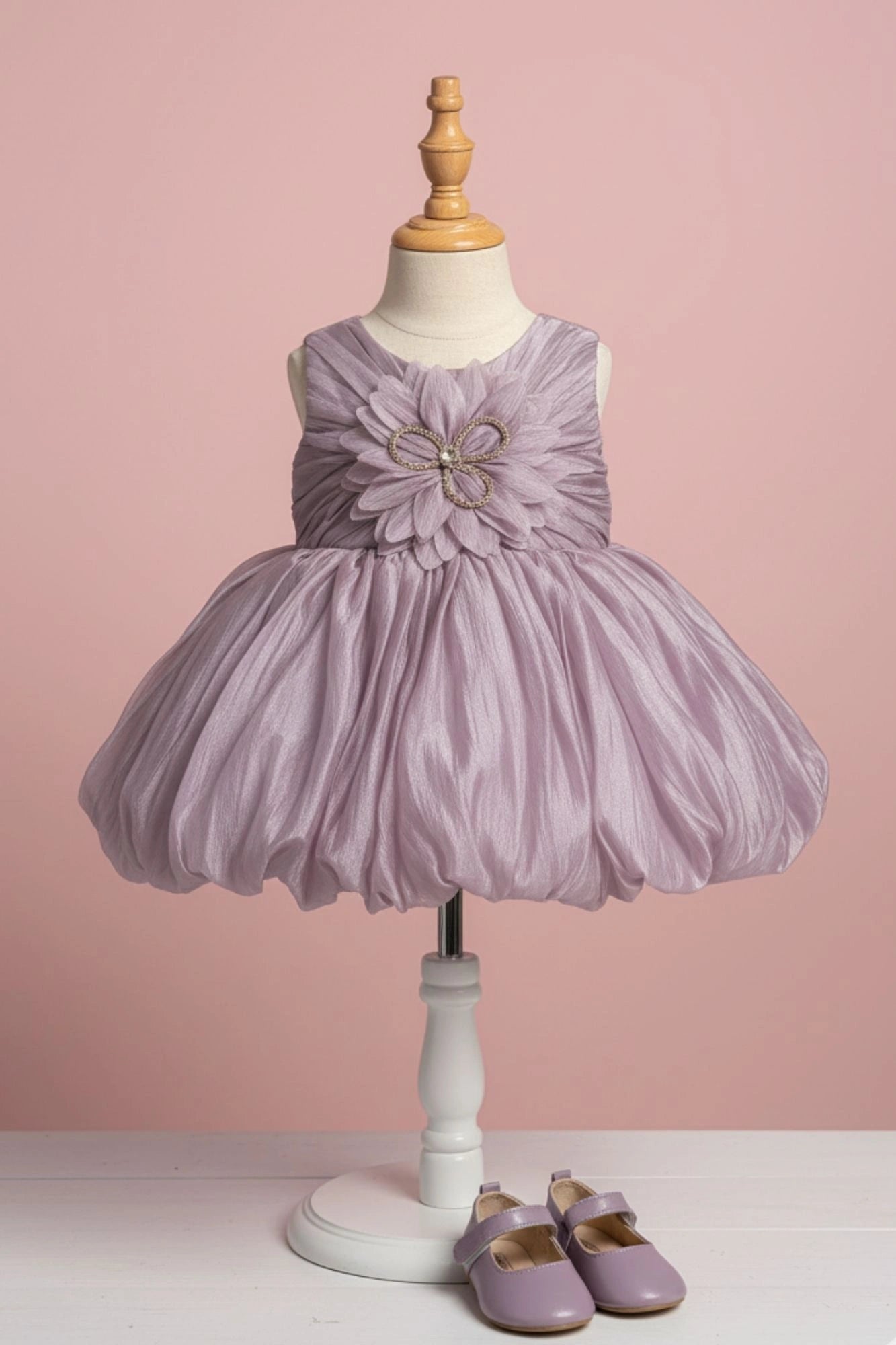 Mauve Party Frock with Oversized Floral Appliqué and Pleated Shine Finish For Girls