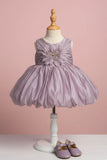 Mauve Party Frock with Oversized Floral Appliqué and Pleated Shine Finish For Girls