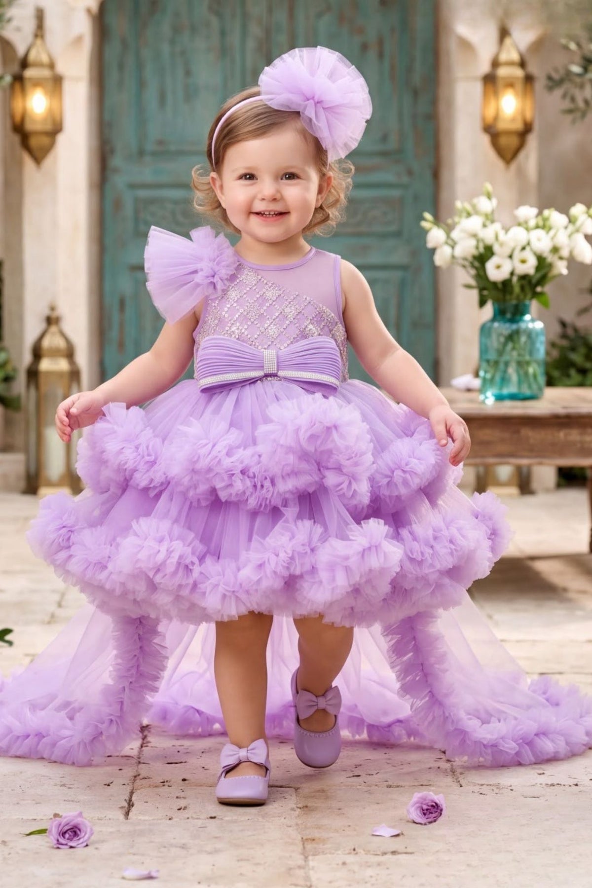 Girls Lavender Floral Net High-Low Party Frock