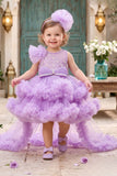 Girls Lavender Floral Net High-Low Party Frock