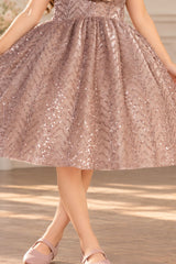 Girls Fawn Party Wear Frock with 3D Floral Bow And Sequin Detailing