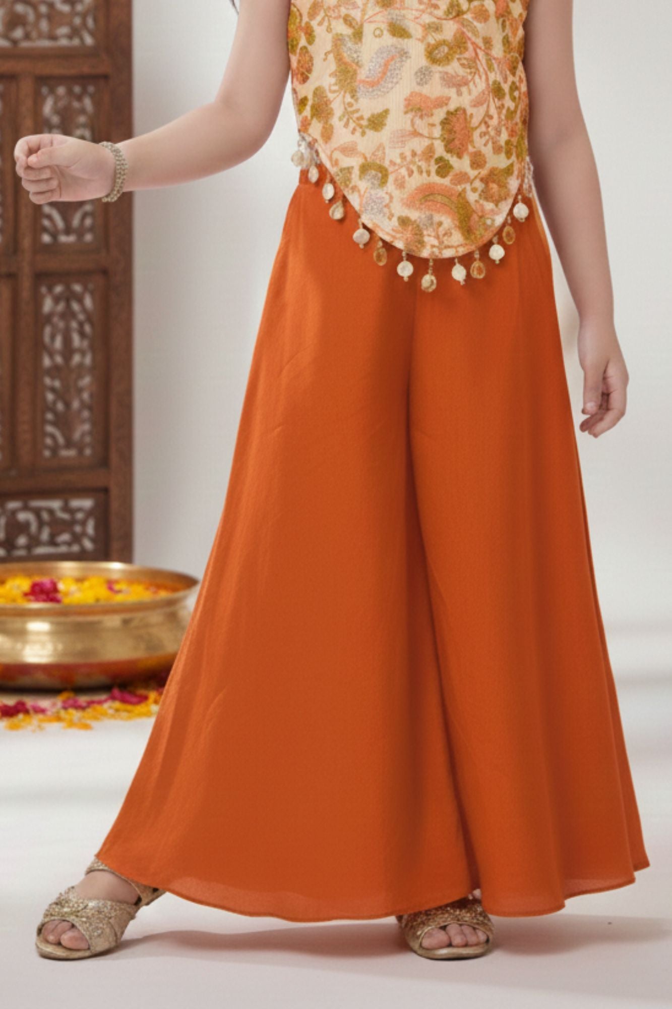 Orange Embroidered Sleeveless Top With Flowy Palazzo Set For Girls