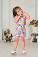 Vibrant Blue And Multicolor Printed Jumpsuit For Girls