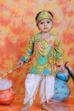 Mustard Yellow Krishna Janmashtami Dhoti Set with Bandhani-Inspired Print Kurta for Boys