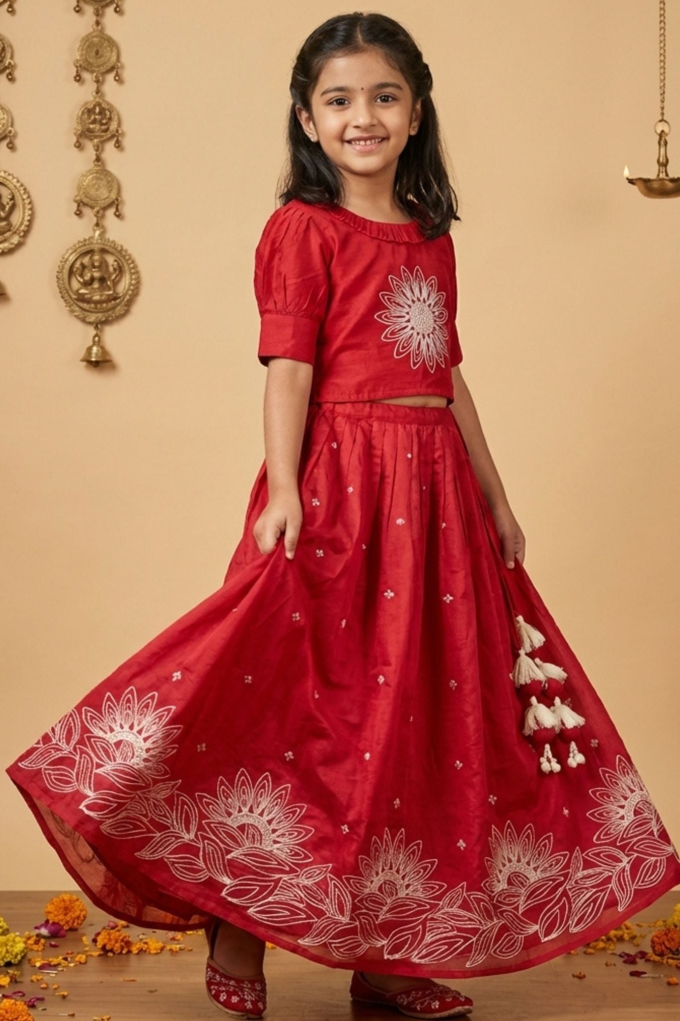 Deep Red Embroidered Lehenga Choli Set For Girls