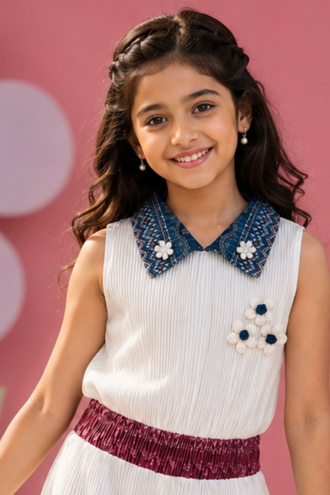 Girls White Printed Jumpsuit with Floral Collar & Border Detailing