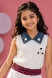 Girls White Printed Jumpsuit with Floral Collar & Border Detailing