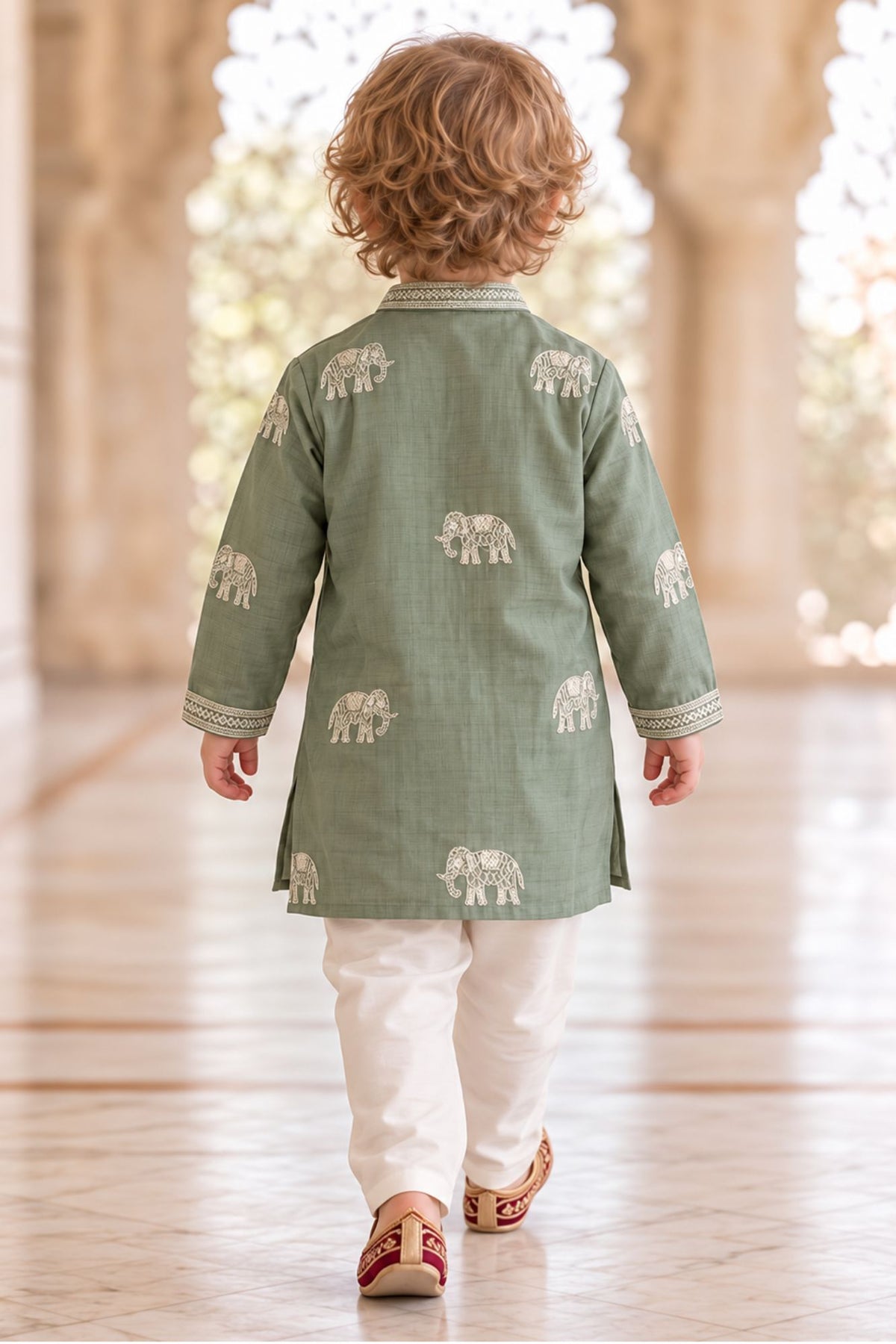 Sage Green White Elephant Embroidered Kurta Pant Set with Dupatta