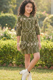 Olive Green Geometric Embroidered Bodycon Dress For Girls