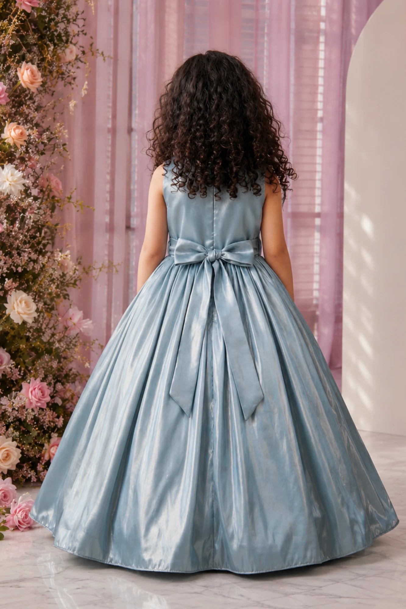 Steel Blue Oversized 3D Flower Party Wear Gown For Girls