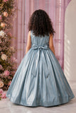 Steel Blue Oversized 3D Flower Party Wear Gown For Girls