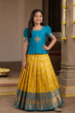 Girls Olive Green and Teal Blue Embroidered Pattu Pavadai Set with Dupatta