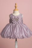 Mauve Party Frock with Oversized Floral Appliqué and Pleated Shine Finish For Girls