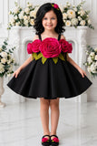 Girls Black 3D Floral Applique Party Wear Frock