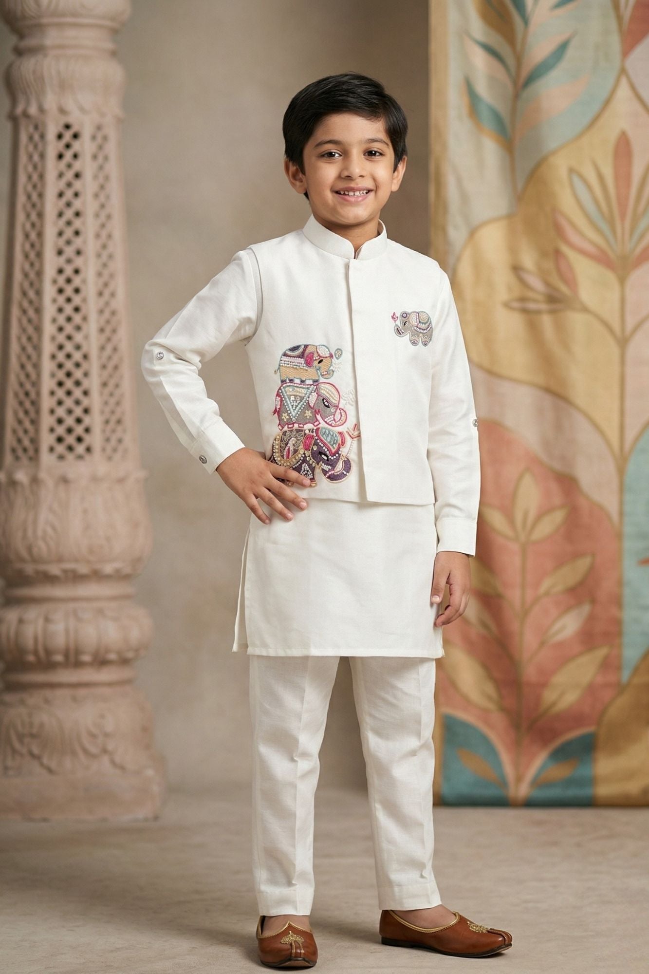 Boys White Kurta Set with Elephant Embroidered Nehru Jacket