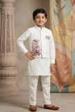 Boys White Kurta Set with Elephant Embroidered Nehru Jacket