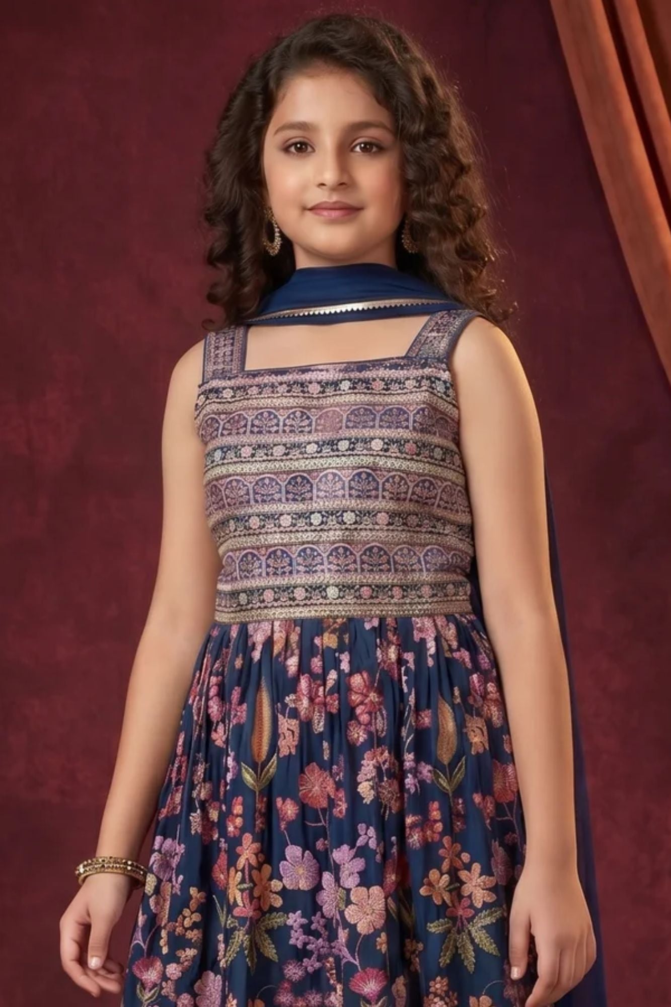 Girls Navy Blue Floral Printed Ethnic Palazo Set with Dupatta