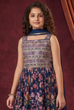 Girls Navy Blue Floral Printed Ethnic Palazo Set with Dupatta