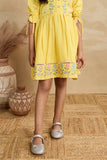 Bright Yellow Floral Embroidered Cotton Dress with Puff Sleeves For Girls