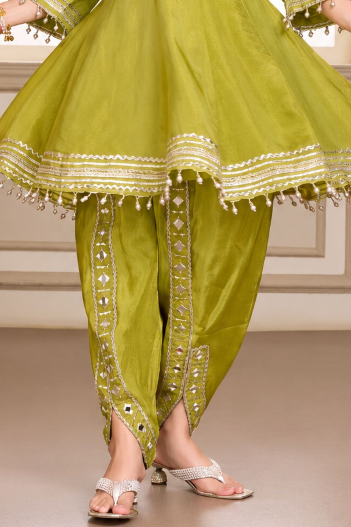 Girls Green Mirror Work Dhoti Kurti Set