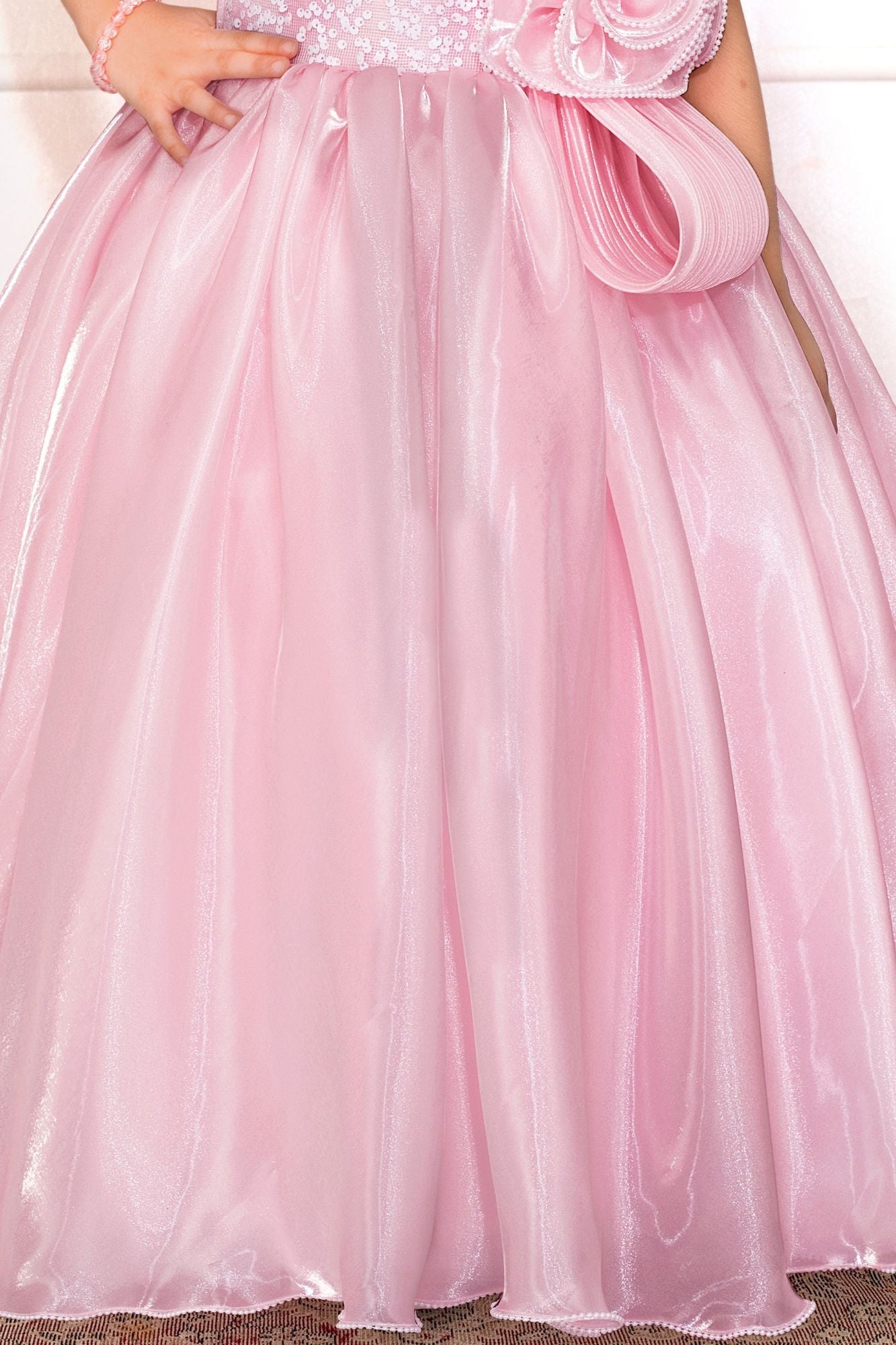 Girls Baby Pink One-Shoulder Party Gown with 3D Floral Ruffles