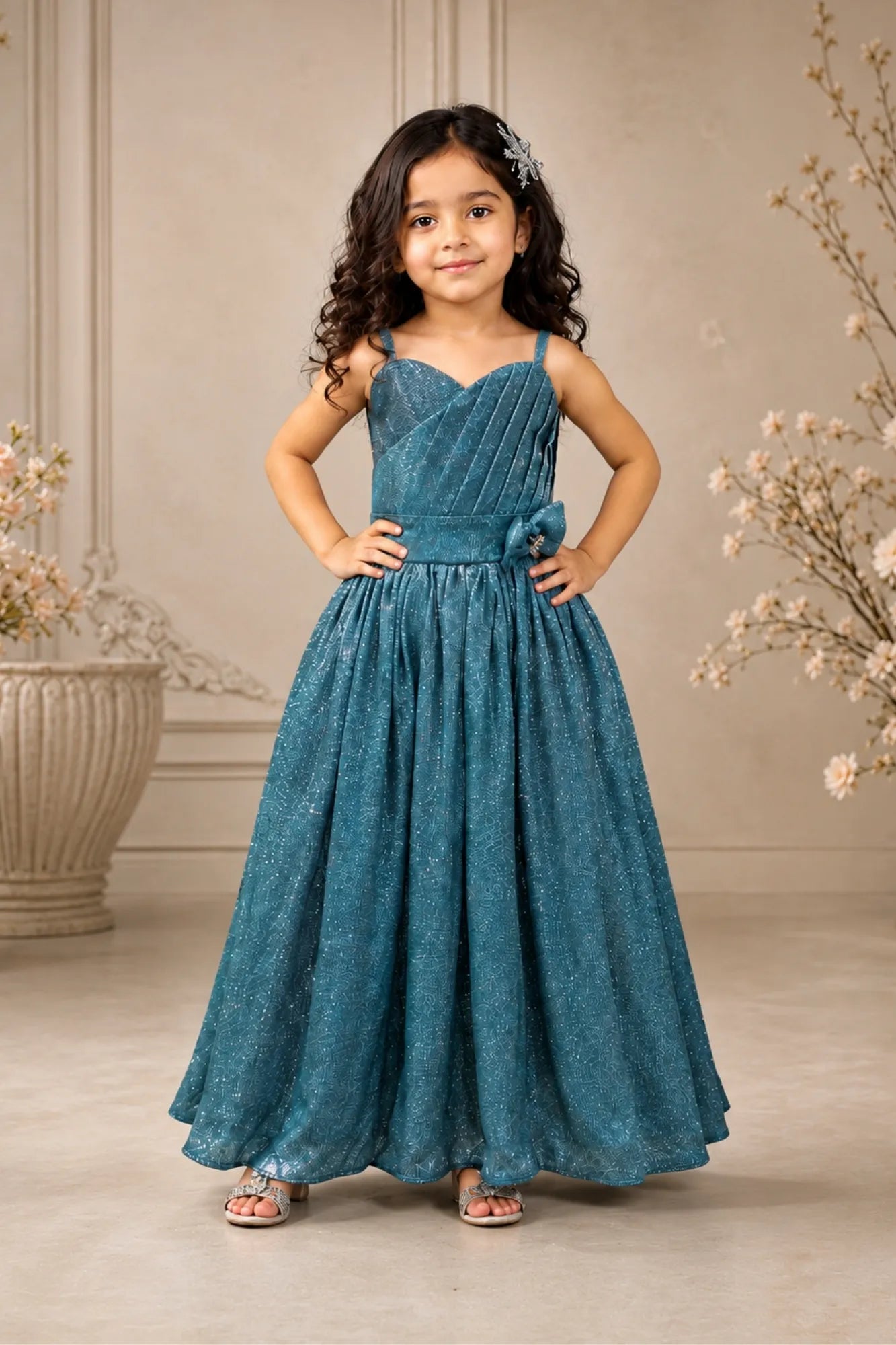 Girls Teal Blue Shimmer Flared Party Gown