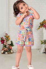 Vibrant Blue And Multicolor Printed Jumpsuit For Girls