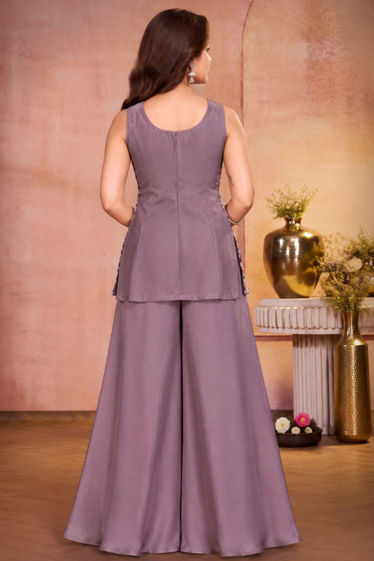 Girls Mauve Multicolour Floral Sequin Embroidered Sleeveless Palazzo Set With Dupatta