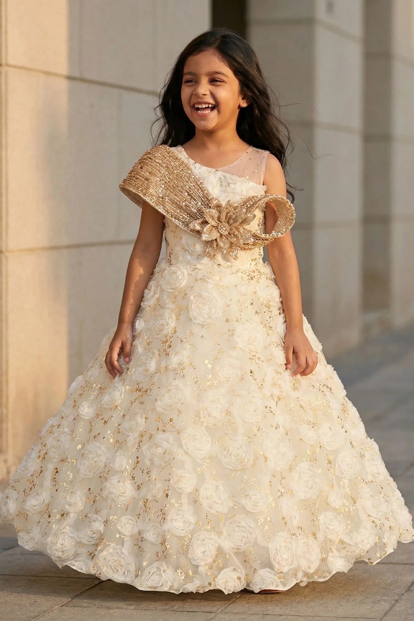 Cream Party Wear Gown with Floral Appliqué For Girls