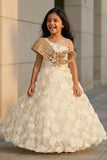 Cream Party Wear Gown with Floral Appliqué For Girls
