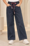 Blue Washed Straight Fit Denim Jeans with Drawstring Waist For Girls