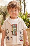 Boys Cream Embroidered  3-Piece Shorts Set with Printed T-Shirt