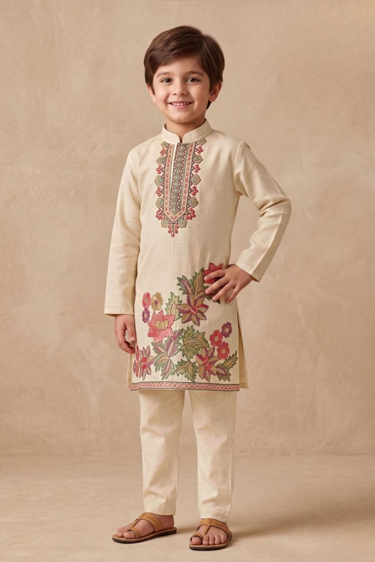 Boys Elegant Cream Floral Embroidered Kurta Set