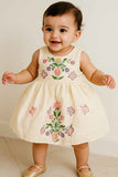 Cream Sleeveless Embroidered Frock With Butterfly Motifs & Pearls For Girls