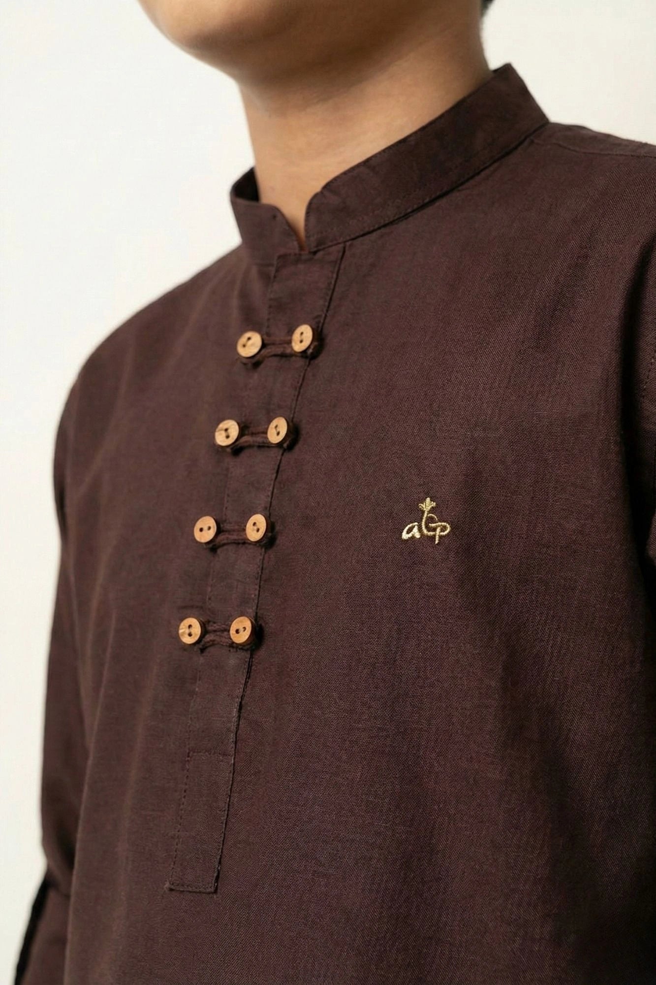 Brown Solid Shirt with Mandarin Collar for Boys