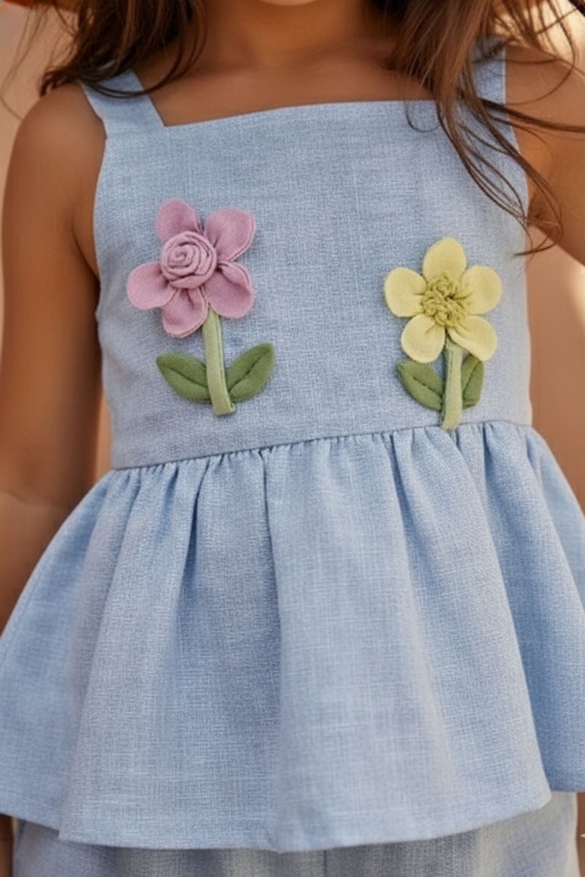 Blue Floral Appliqué And Palazzo Set For Girls