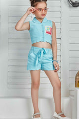 Sky Blue Crop Top And Short Set For Girls